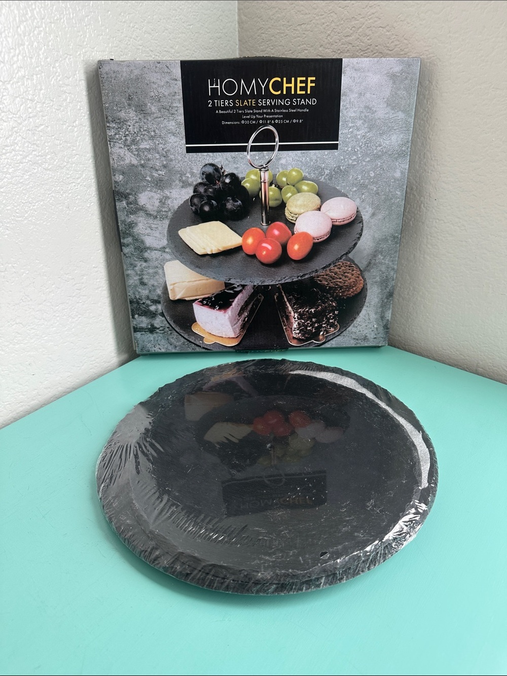 HOMY CHEF 2 tiers slate serving stand anthracite/silver-brand new in a box.
